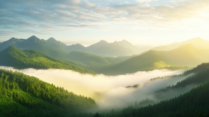 Obraz premium Majestic Mountain Range with Morning Mist and Golden Sunlight