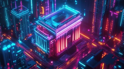Fototapeta premium Neon Cityscape with Illuminated Building.
