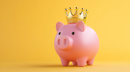 A cheerful piggy bank wearing a golden crown, symbolizing wealth, savings, and financial success on a vibrant yellow background.