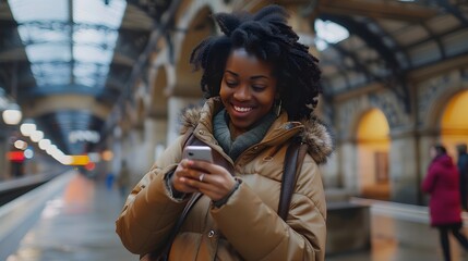 Obraz premium A Black woman talking on cellphone in the steadicam shot Smiling on the street HD Holding phone in hand