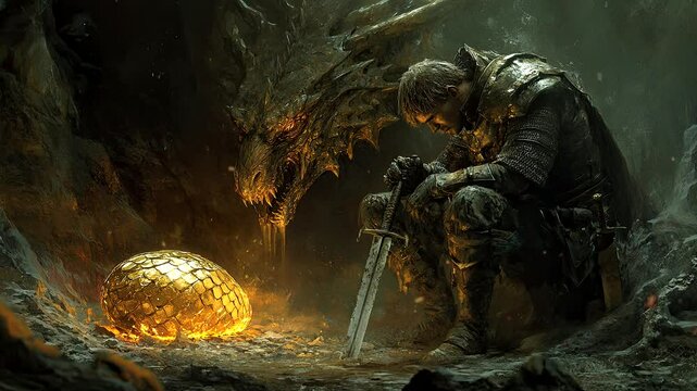 Knight holding sword in front of a dragon with glowing eyes in a dark cave. Fantasy adventure concept. Seamless looping time-lapse video background.