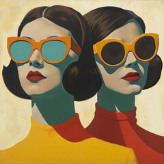Stylish retro vibes with a modern twist, featuring two women in bold sunglasses