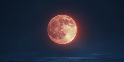 Vivid red moon rising in a clear night sky, glowing softly against the dark horizon, creating an atmospheric and celestial scene, selective focus

