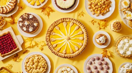 An array of vibrant Thanksgiving desserts: pies, cakes, and cookies, arranged on a glowing yellow tablecloth with golden leaves scattered around