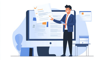 A businessman is demonstrating how to verify online documents. This represents the importance of company policies, rules, legal advice, and official documents.