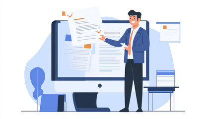 A businessman is demonstrating how to verify online documents. This represents the importance of company policies, rules, legal advice, and official documents.