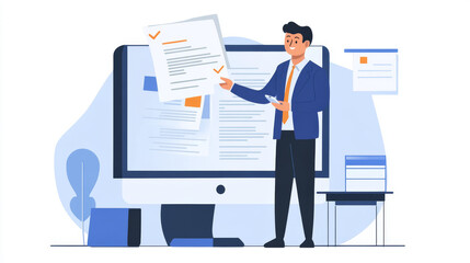 A businessman is demonstrating how to verify online documents. This represents the importance of company policies, rules, legal advice, and official documents.