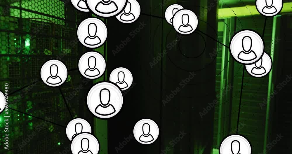Poster animation of network of people icons and digital data processing over computer servers