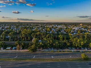 Aerial view of suburban neighborhood and highway