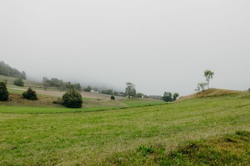 Serene countryside landscape with green fields and trees under a cloudy sky