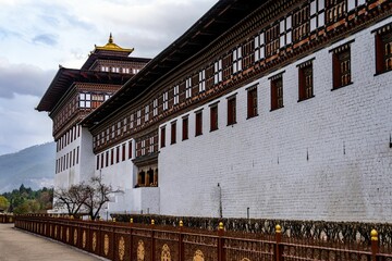 Obraz premium Beautiful Buddhist temple complex inside of the Fortress of the Glorious Religion in Thimphu Bhutan