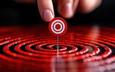 A close-up of a hand placing a target marker on a vibrant red spiral background, symbolizing focus and goal-setting.