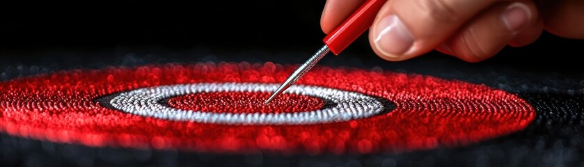 A close-up of a hand using a needle to create intricate embroidery on a vibrant circular pattern in red and white.