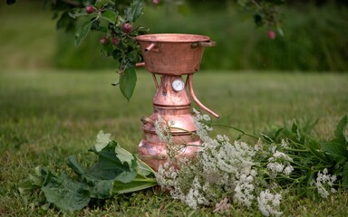 Copper still with herbs in a grassy field