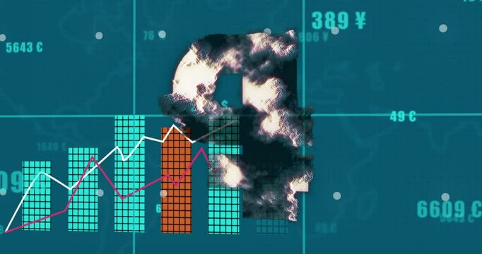 Animation of diagram and data processing over rouble symbol