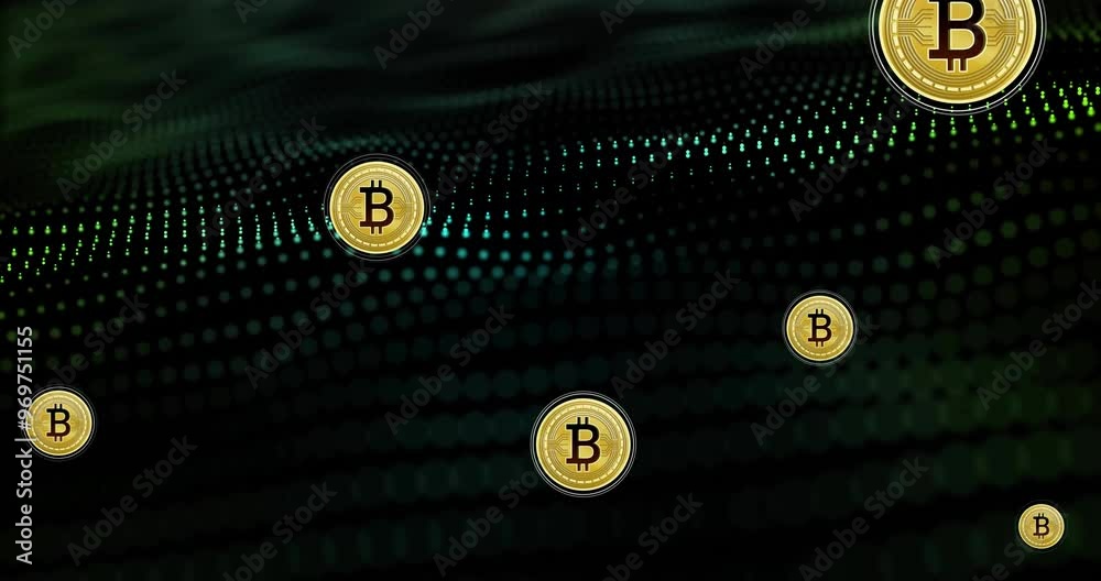 Poster animation of bitcoin currency icons financial data processing over binary coding
