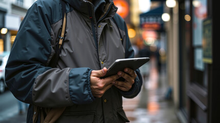 A man in a jacket using a tablet on a city street