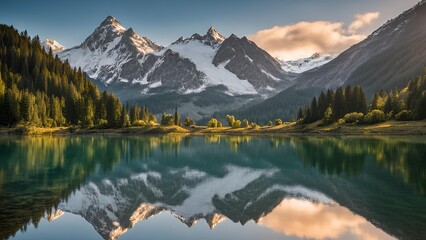 serene mountain landscape, crystal-clear lake, lake reflecting mountains, snow-covered peaks, mountain scenery, tranquil nature, peaceful mountains, alpine landscape, lake reflection, scenic mountain 