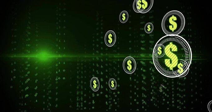 Animation of dollar currency icons financial data processing over binary coding