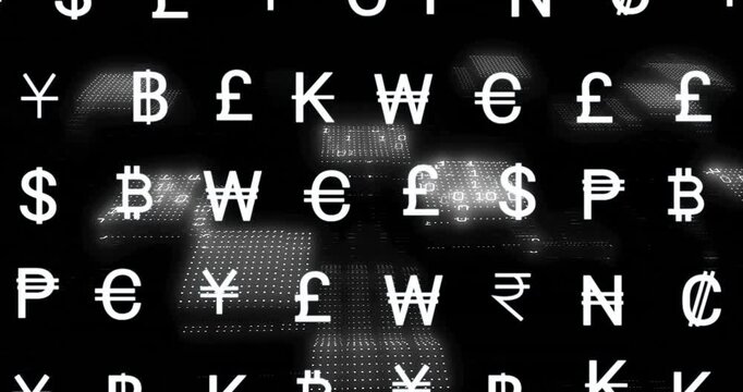 Animation of currency icons financial data processing over binary coding