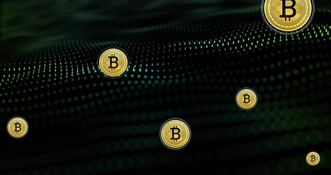 Animation of bitcoin currency icons financial data processing over binary coding