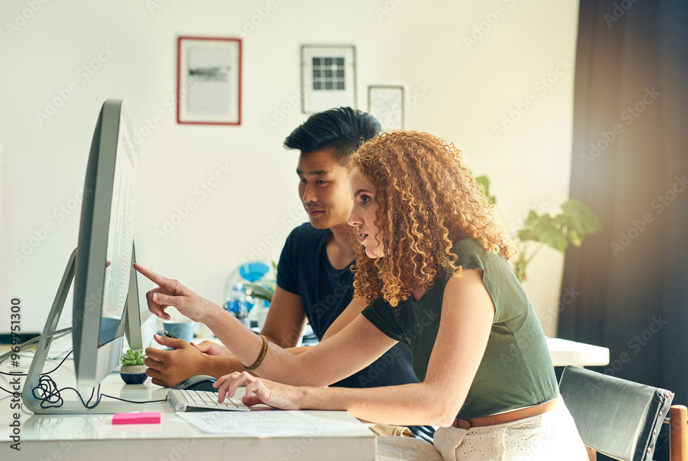 Poster Business people, computer and collaboration for project, research and mentorship with feedback. Web development, pc and teamwork for coding, programming and information technology in office with help