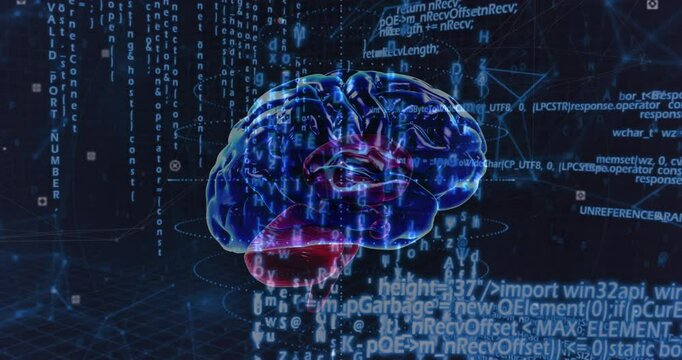 Animation of scientific data processing over human brain on dark background