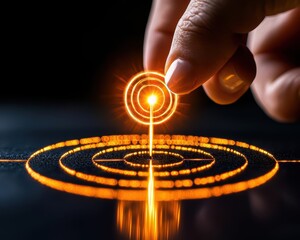 A hand positions a glowing orb above concentric circles, symbolizing focus and precision in a digital or scientific context.