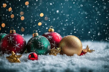 holiday celebration, merry christmas and happy new year banner with shiny red and green ornaments and golden stars on a snowy background, with room for text