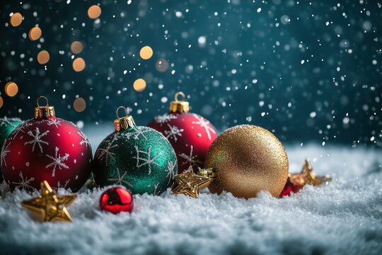 holiday celebration, merry christmas and happy new year banner with shiny red and green ornaments and golden stars on a snowy background, with room for text