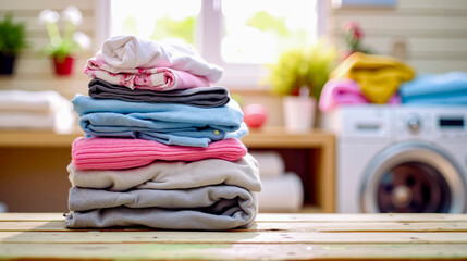 A stack of folded clothes sitting on top of a wooden table