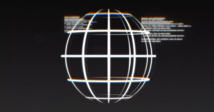 Glowing wireframe globe with digital data processing animation on dark background