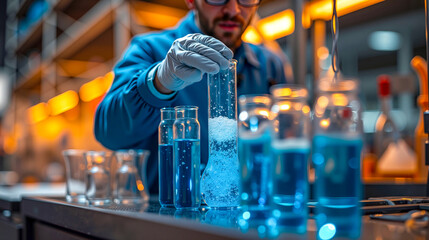A man in a lab coat and gloves pouring blue liquid into a beaker