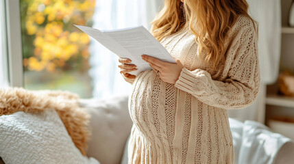 pregnant businesswoman in a professional office setting, seated at her desk while attentively reviewing paperwork. The scene highlights balance, focus, and determination during a pivotal life moment
