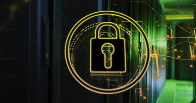 Animation of padlock with connections over server room