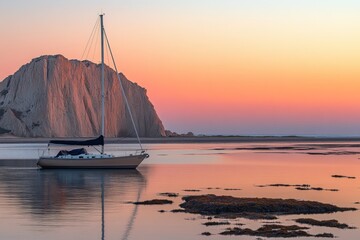 Serene Sunset Sail in Morro Bay California Coastal Landscape with Sailboat Reflection