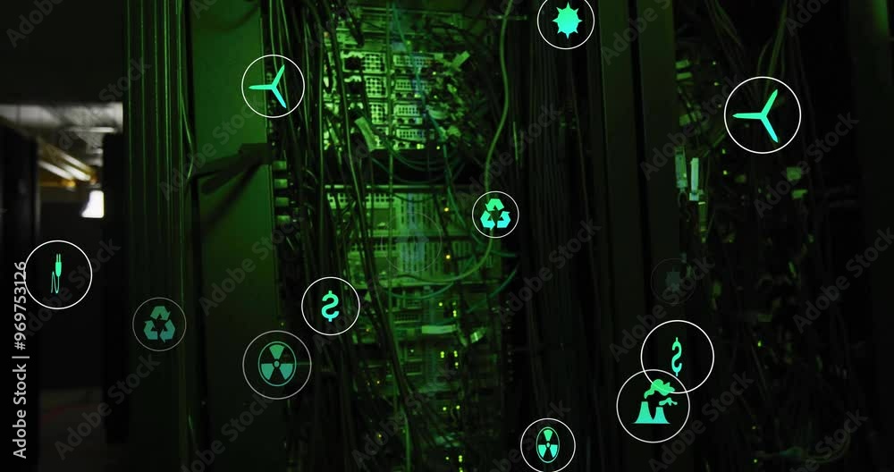 Poster animation of eco icons and digital data processing over computer servers