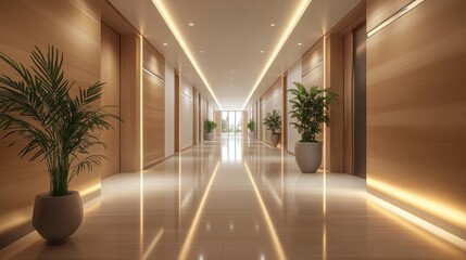 modern healthcare setting with clean lines and soft lighting in a sleek corridor design, creating a calming ambiance for patients and visitors in a medical clinic