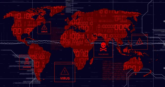 World map with virus and malware warnings, cybersecurity threat animation