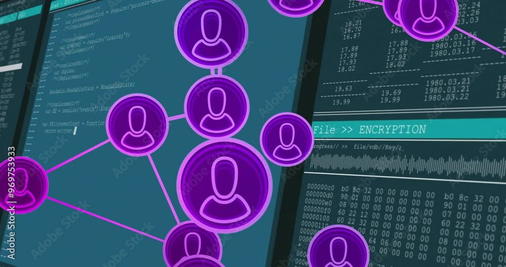 Poster network of user icons and encryption process animation over computer code