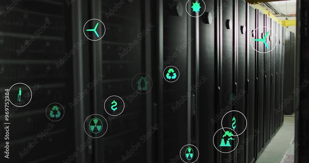 Poster animation of eco icons and digital data processing over computer servers