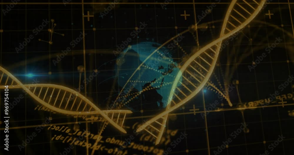 Wall mural animation of scientific data processing over globe and dna strands on dark background