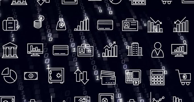 Animation of business icons financial data processing over binary coding