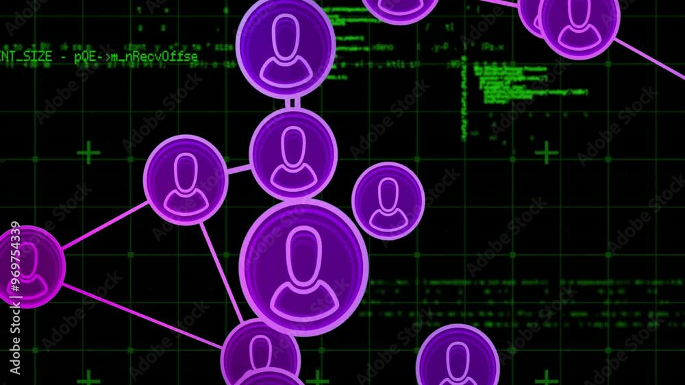 Poster network of user icons connected by lines over green coding animation