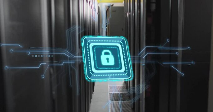 Animation of padlock with connections over server room