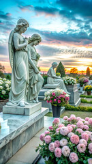 Obraz premium Cemetery statues with flowers during sunset for peaceful memorial and reflection