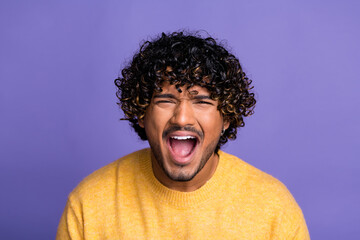 Fototapeta premium Photo of angry mad man wear trendy yellow clothes loud scream isolated on violet color background
