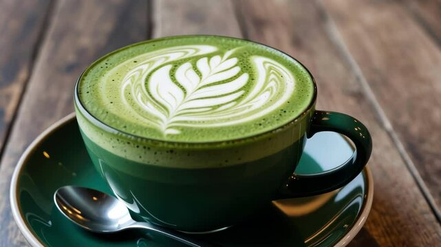 A vibrant matcha latte art presented in a cozy setting, showcasing craft and relaxation in a close up shot