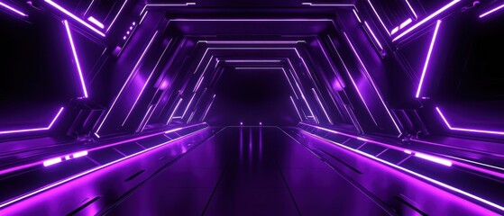 Futuristic spaceship hallway cyberpunk corridor with purple lines neon lights background wallpaper AI generated image