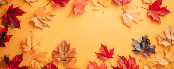 Fototapeta premium Top view of colourful autumnal maple leaves on yellow background. Banner and wallpaper concept.